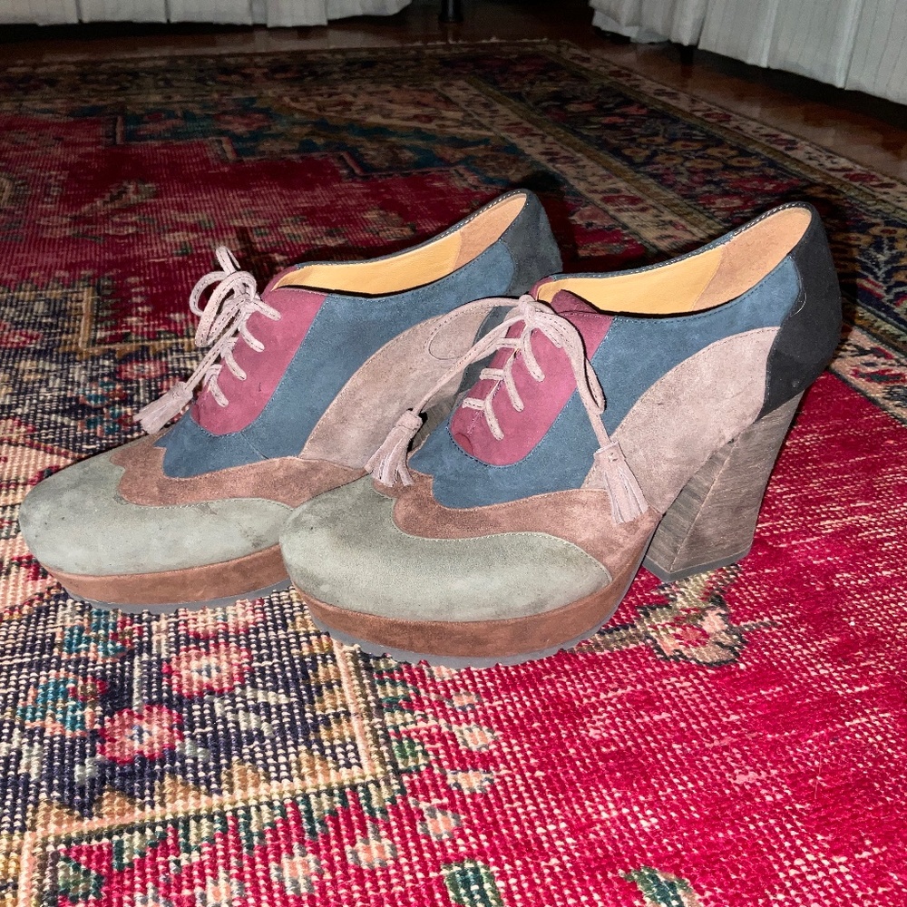 Multi-colored suede Earthies lace up heels
